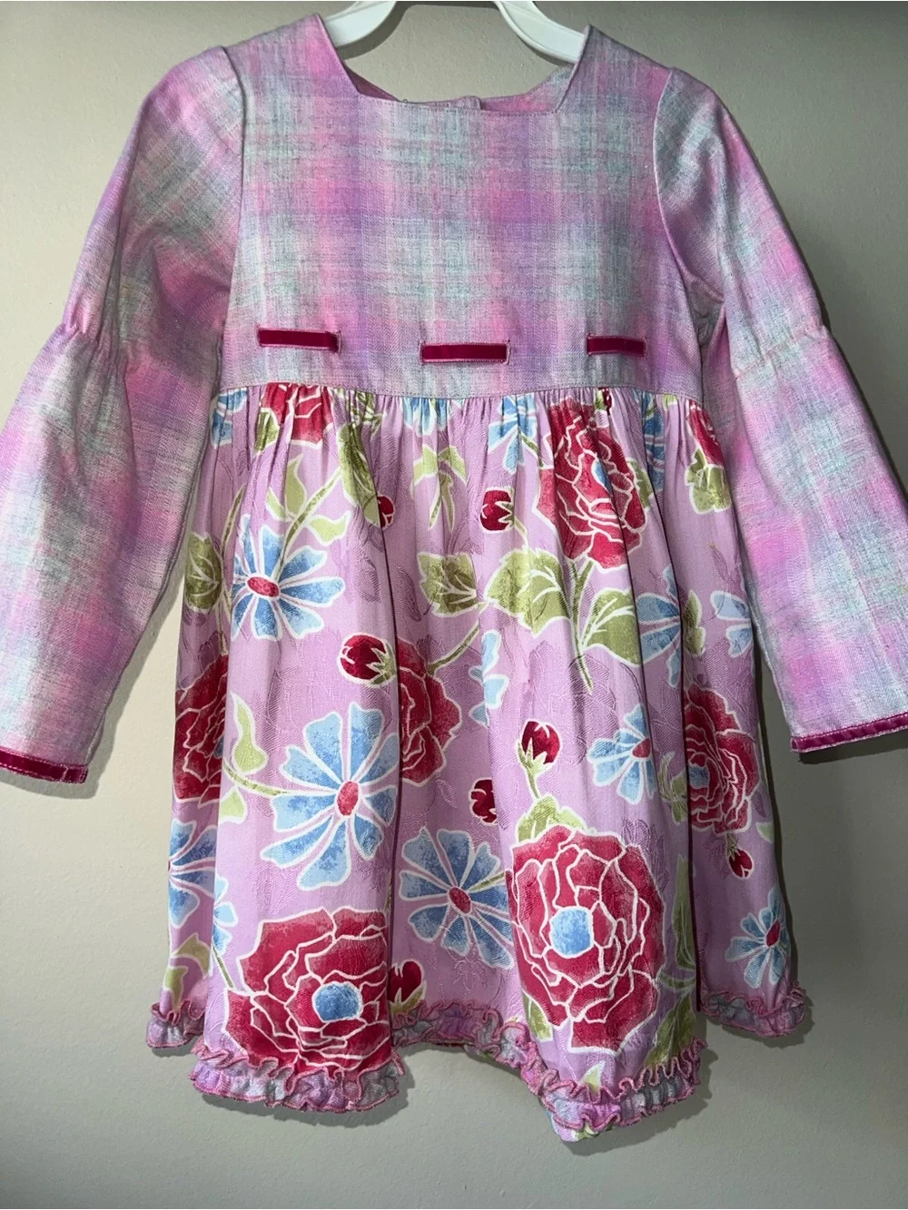 Vintage Baby Lulu Pink Floral Girls Long Sleeve Dress